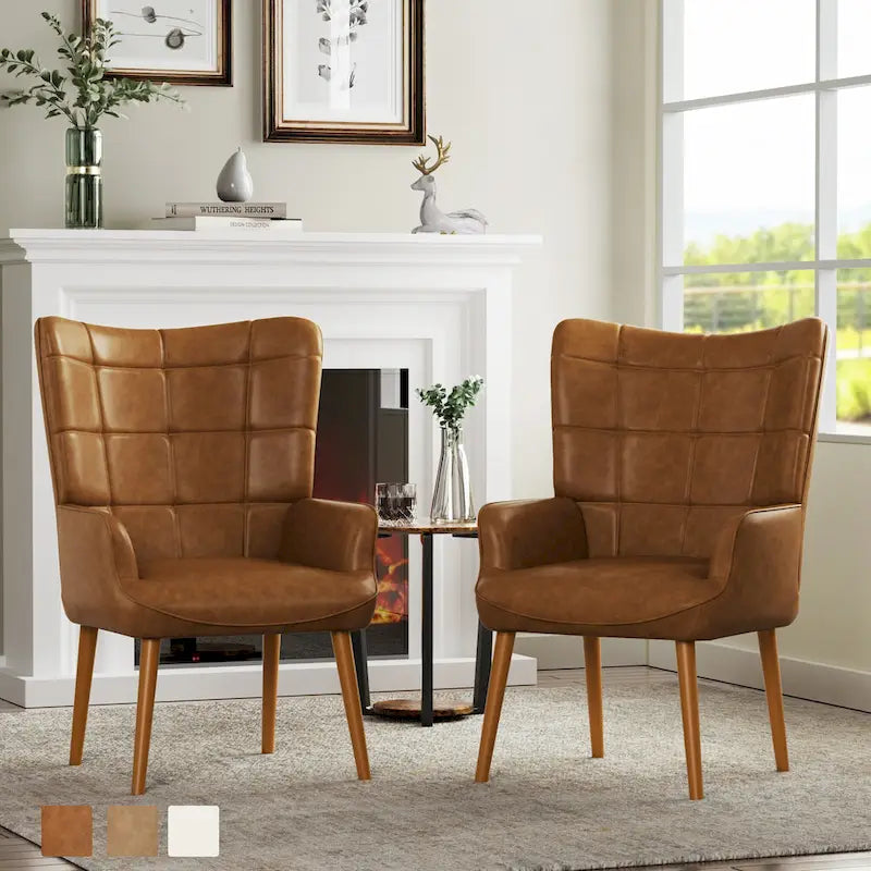 Set of 2 High-Back Tufted Accent Chairs in Cream, Brown, and Taupe