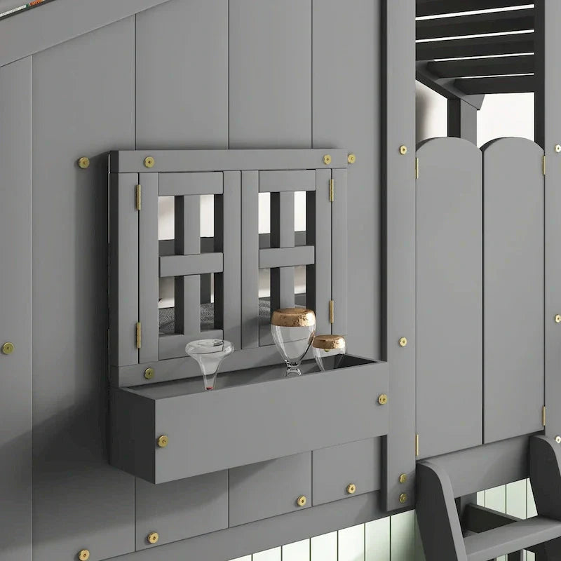 Twin over Twin House Bunk Bed with Roof , Window, Window Box, Door , with Safety Guardrails and Ladder, Grey
