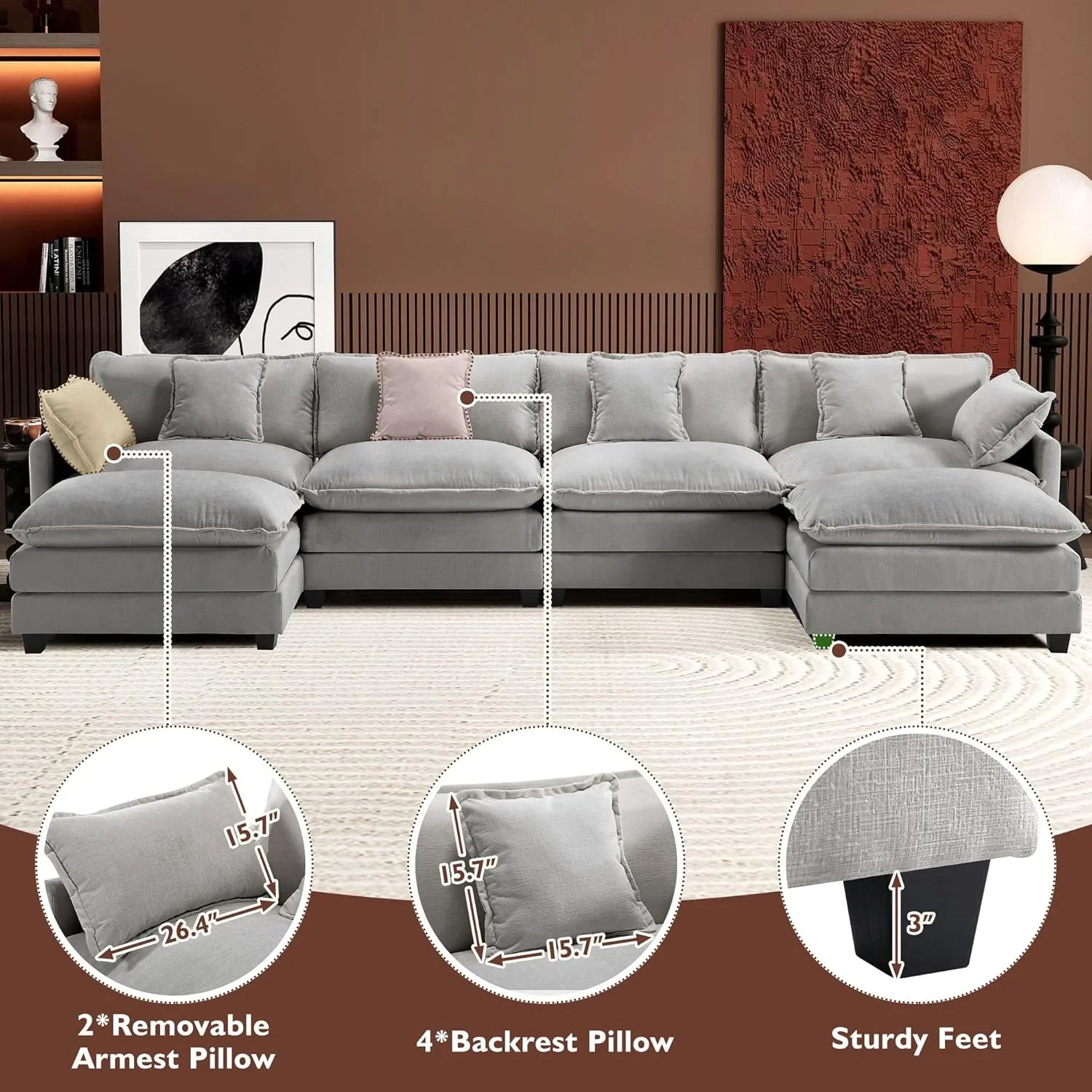111.4 Inch L-Shaped Modern Sofa Modular Cloud Sofa Ottoman 4-Seater Chenille Deep Seat Sofa