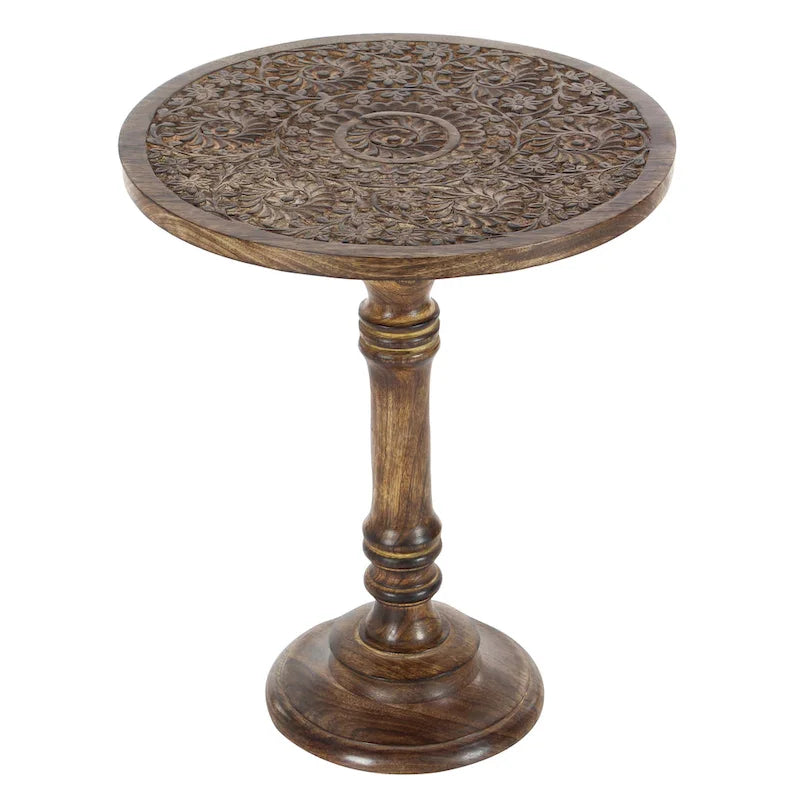 Intricately Carved Dark Brown Mango Wood Accent Table with Elephant or Floral Design and Turned Base - Roche River Decor