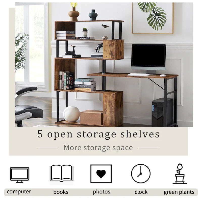 L-Shaped Corner Computer Desk with Rotating Features and 5-Tier Bookshelf for Home Office