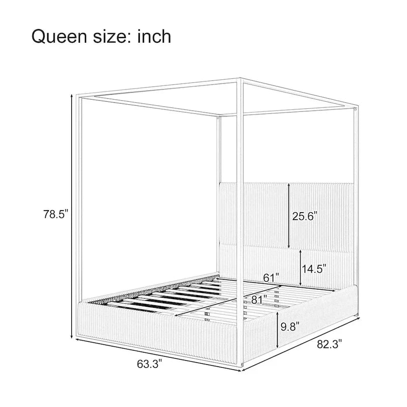 Metal Canopy Platform Bed with Vertical Stripe Upholstered Wingback Headboard - Four Poster, Low Profile Design