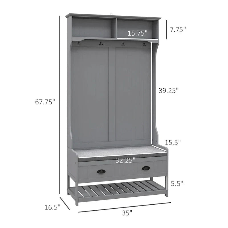 HOMCOM Gray Hall Tree Organizer with Coat Rack, 4 Hooks, 2 Drawers, and Padded Seat Cushions for Entryway
