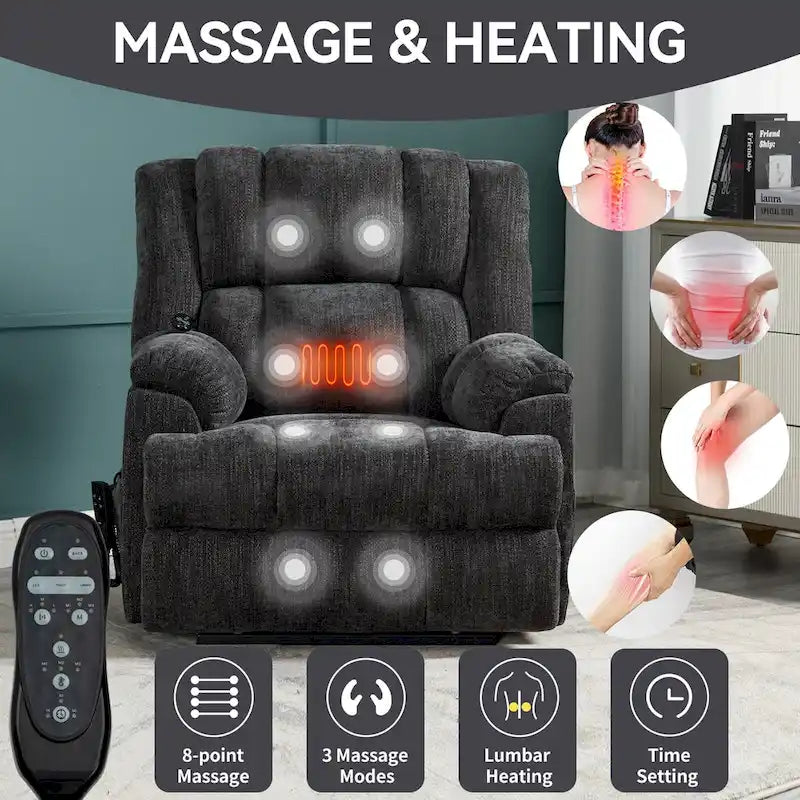 Grey Oversized Chenille Power Lift Recliner with Massage, Heating, and Flat Lay Feature