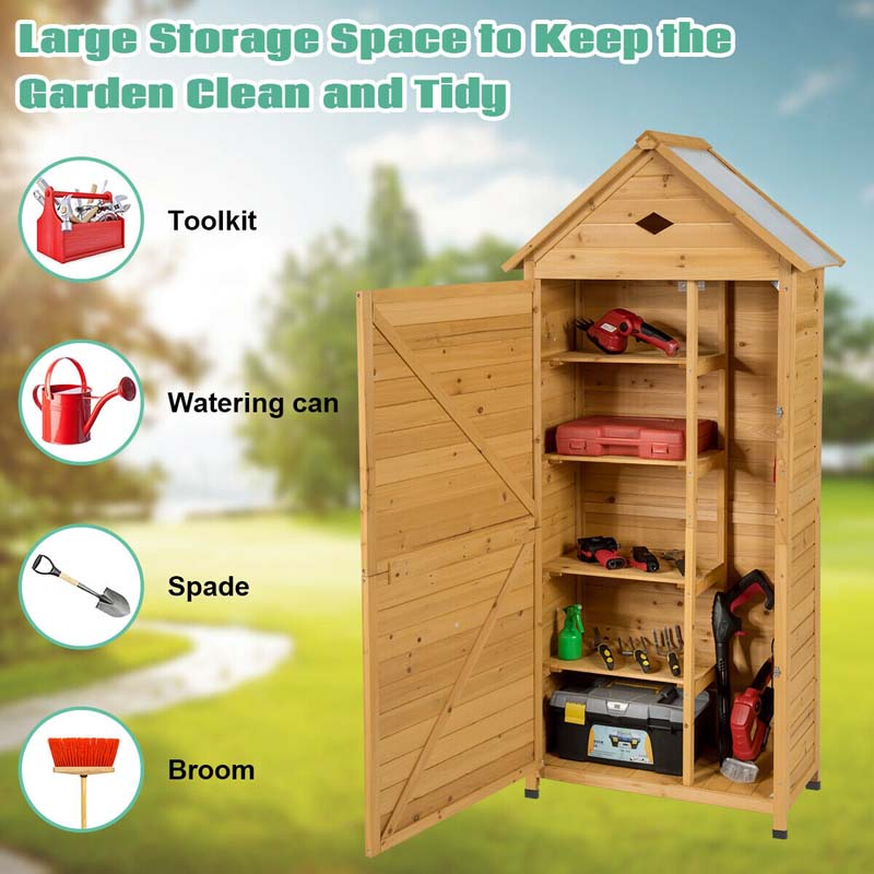 63" Wood Outdoor Storage Shed Lockable Garden Tools Storage Cabinet with 5 Shelves, Galvanized Sheet Roof