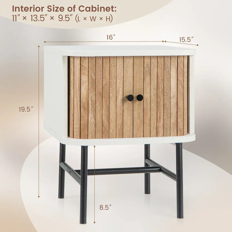 Set of 2 Nightstands with Sliding Doors and Metal Legs