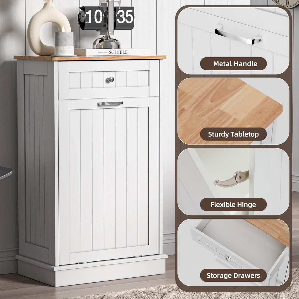 HARIPUL Single Tilt Out Trash Cabinet for 13 Gallon Waste Bin, Free Standing Kitchen Trash Can Cabinet with Drawers, White