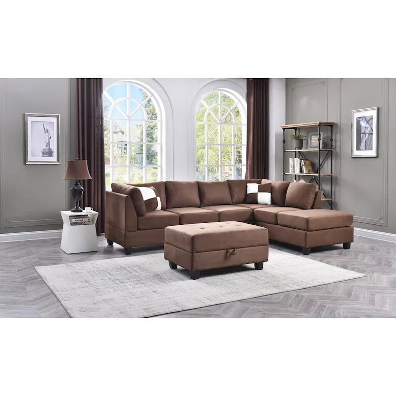 Malone 111-Inch Suede 4-Seater Sectional Sofa with Two Throw Pillows - Dimensions: 111L x 78W x 34H