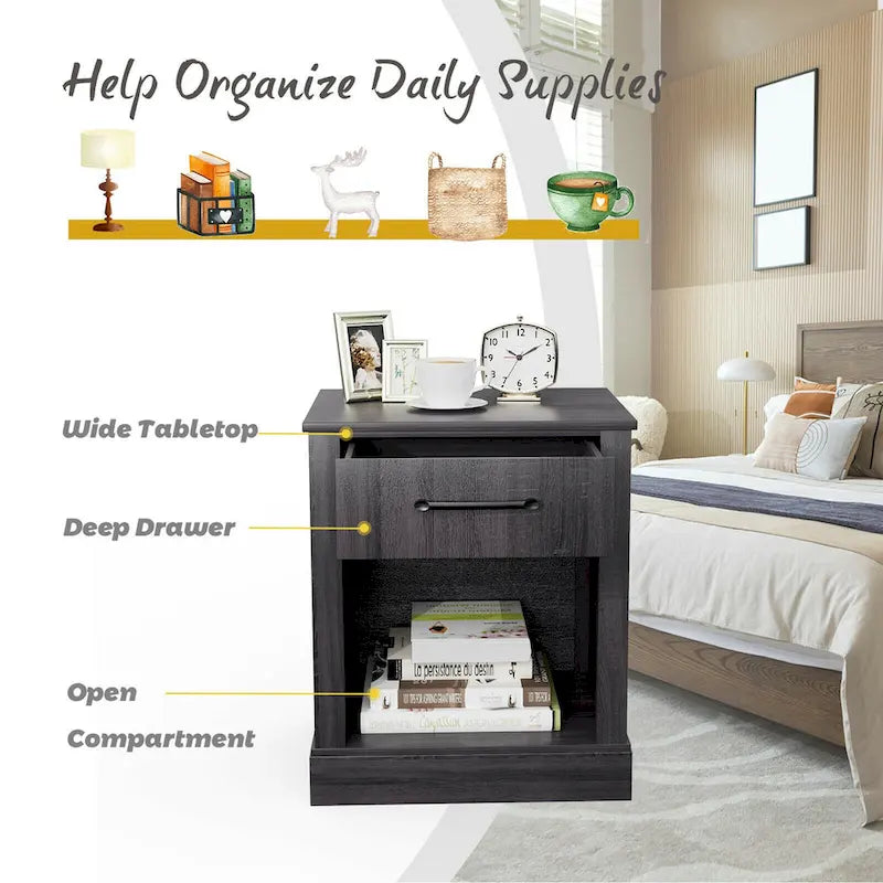 Rustic Wooden Bedside Table with Drawer and Shelf by Gymax