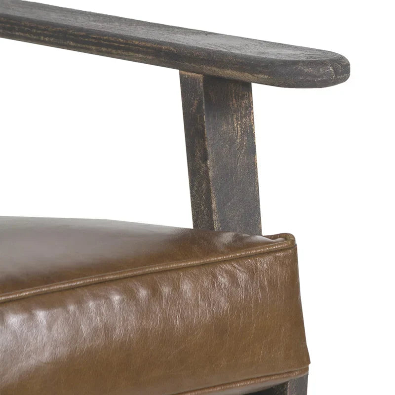 Handcrafted Amber Accent Chair with Slatted Mango Wood, Buffalo Leather Cushions, and Angled Legs