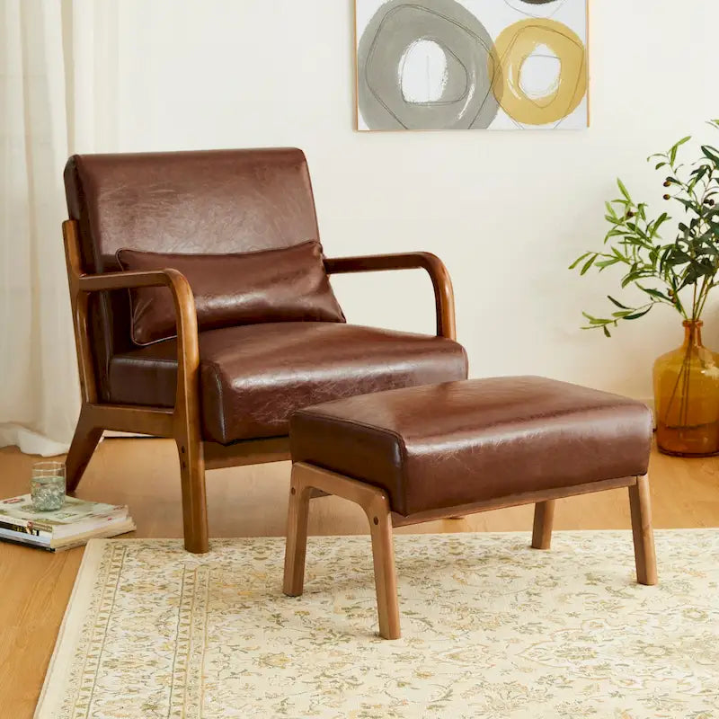 Glitzhome 30.75-Inch Mid-Century PU Leather Armchair and Ottoman Set