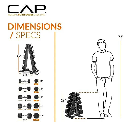 2025 CAP Barbell 150 LB Coated Hex Dumbbell Weight Set with Vertical Rack, Black