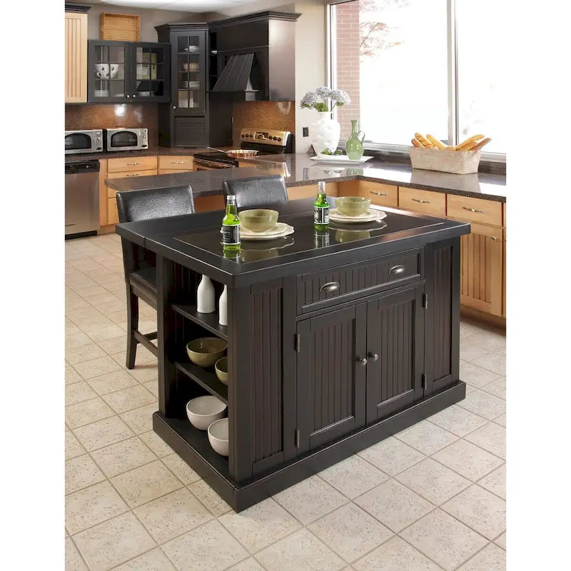 Kitchen Island with Granite Top Drop Leaf and Storage Shelves