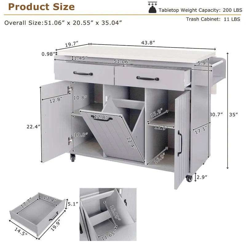 Kitchen Island with Built-In Trash Can Storage and Drop Leaf Cart