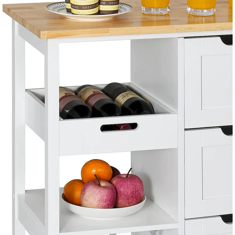 Kitchen Cart with Drawers Open Shelves and Wooden Top on Wheels