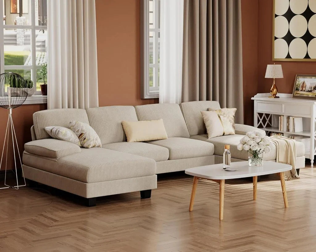 Furmax Sectional Couches for Living Room, U-Shaped Sofa Couch with Linen Fabric, 4 Seat Sofa Set with Double Chaise for Apartment (Fabric, Grey)