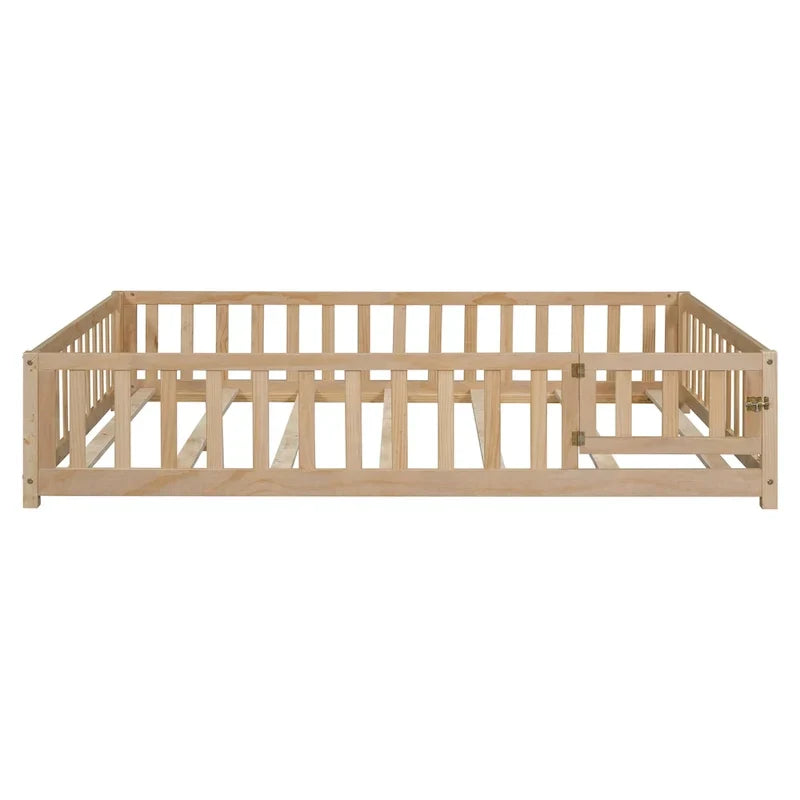 Kids' Full-Size Wooden Floor Bed with Fence and Door
