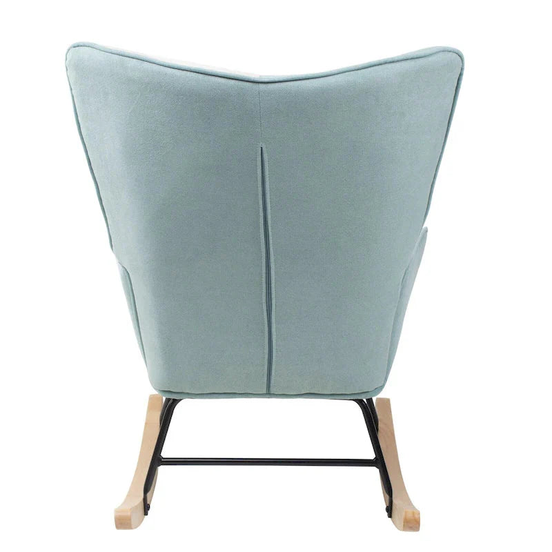 Mid-Century Patchwork Linen Rocking Chair with Wooden Legs