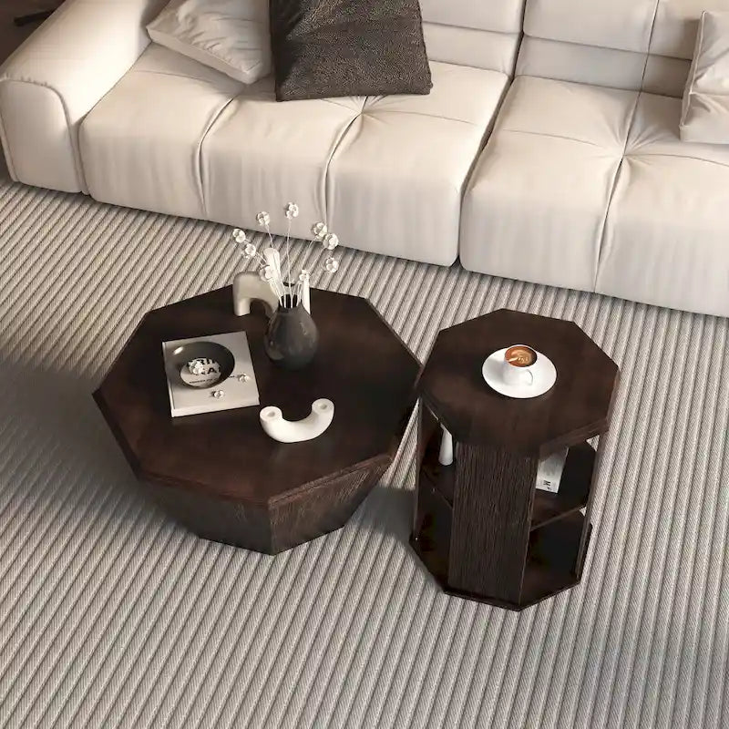 Set of 2 Octagonal Rubber Wood Coffee Tables - 31.5 Inches