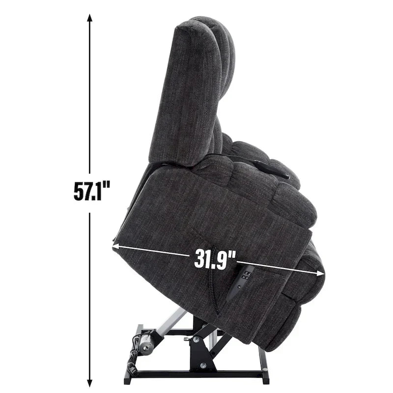 Grey Oversized Chenille Power Lift Recliner with Massage, Heating, and Flat Lay Feature
