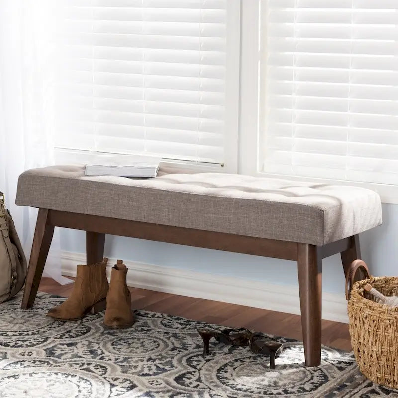 Mid Century Upholstered Bench with Tufted Seat and Wooden Legs