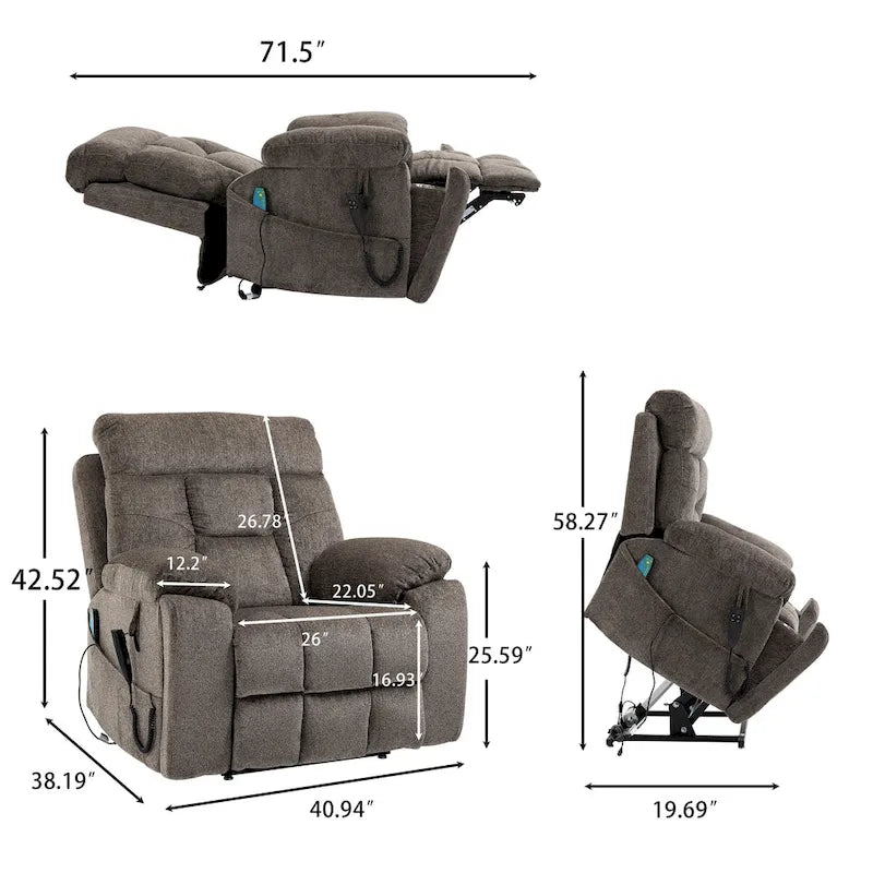 Gray Chenille Power Lift Recliner with Massage and Concealed Cup Holder