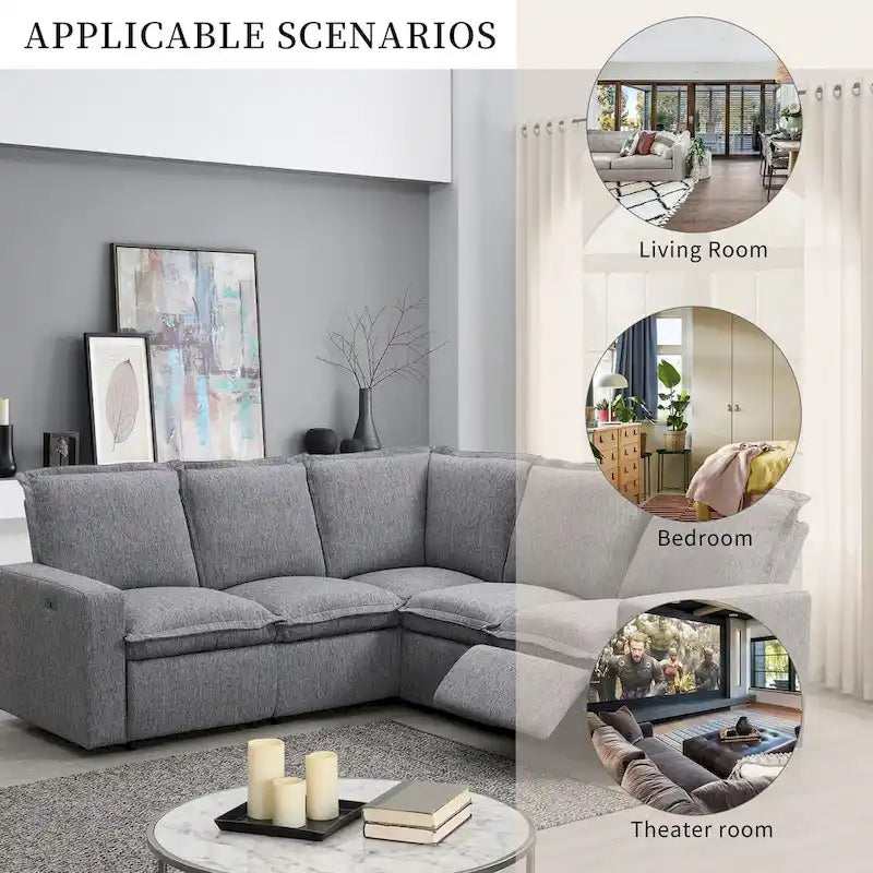 Linen Upholstered Power Recliner L-Shaped Sectional Sofa with USB Port - Soft Home Theater Seating for Living Room