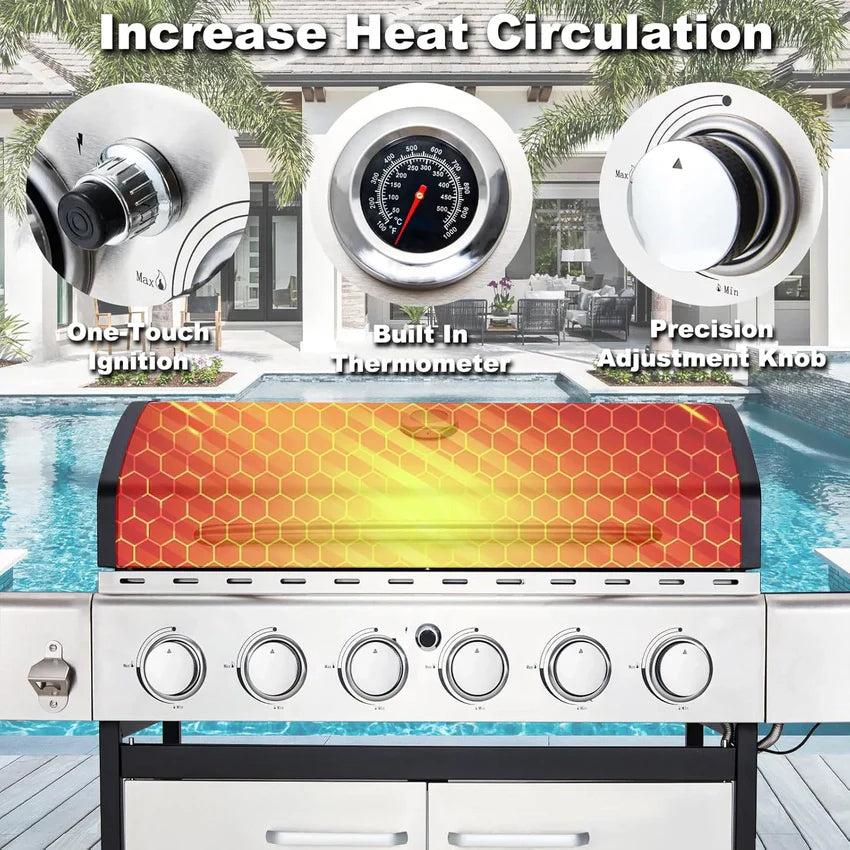 Upgraded 4 Burner BBQ Propane Gas Grill with Cast Iron Grates & Side Stove, 44,000 BTU Stainless Steel Burner Barbecue Grill for Patio, Camping, Outdoor Cooking MELLCOM