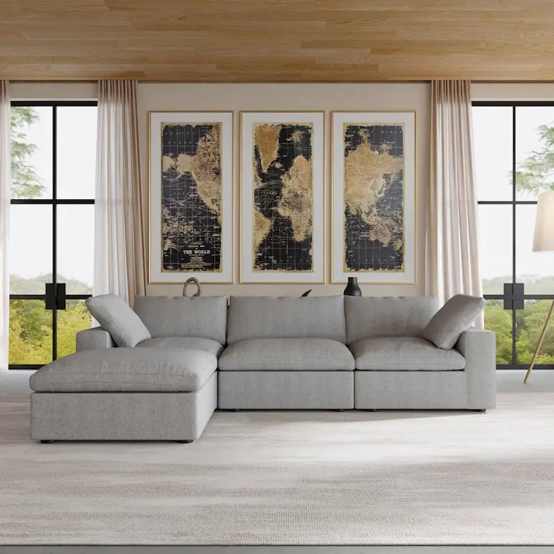 Sectional Couch with L-Shaped Design and Linen Upholstery, Featuring Multiple Cushions