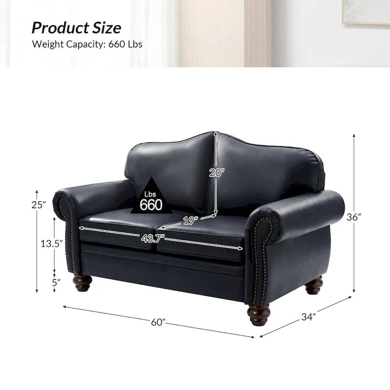Leather Loveseat Sofa with Rolled Arms and Nailhead Trim