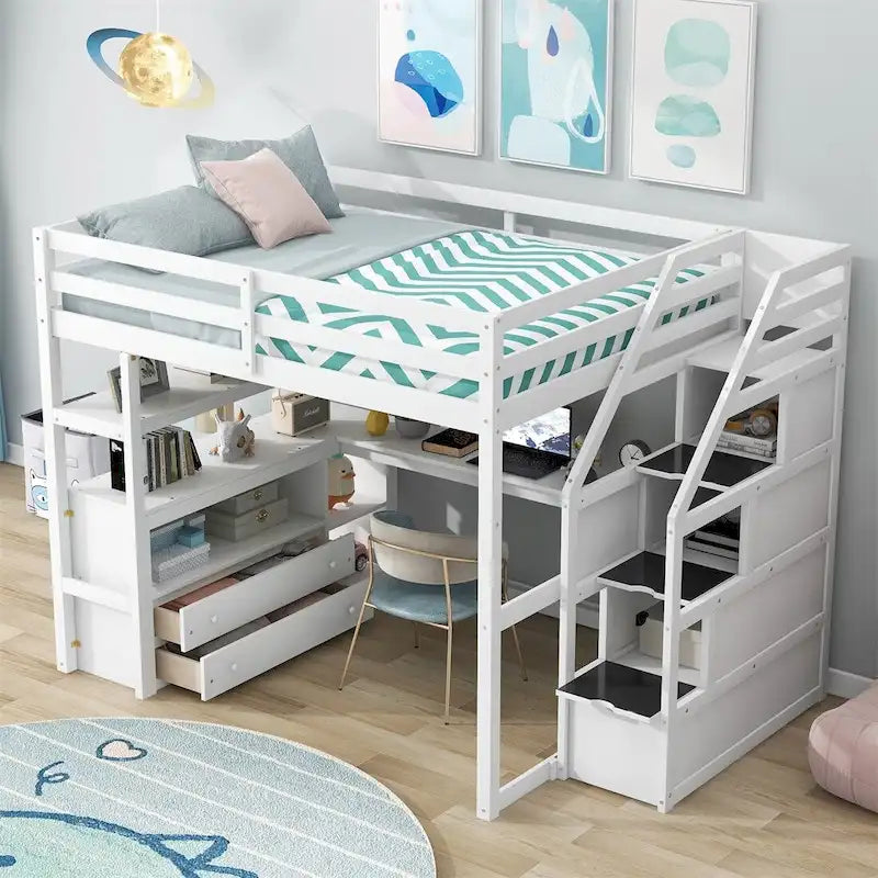 Merax Loft Bed with Integrated Desk and Storage Shelves