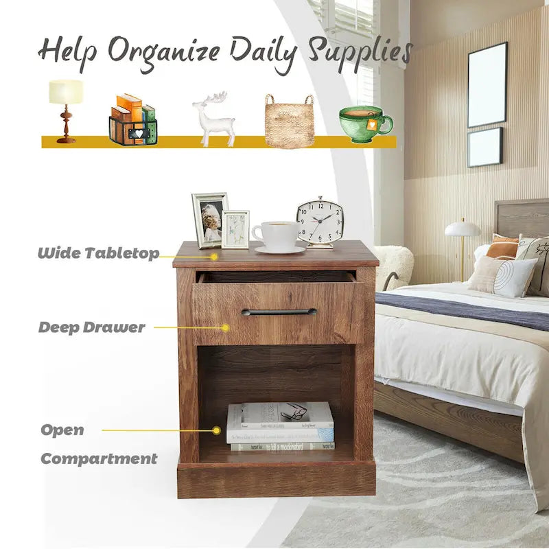 Rustic Wooden Bedside Table with Drawer and Shelf by Gymax