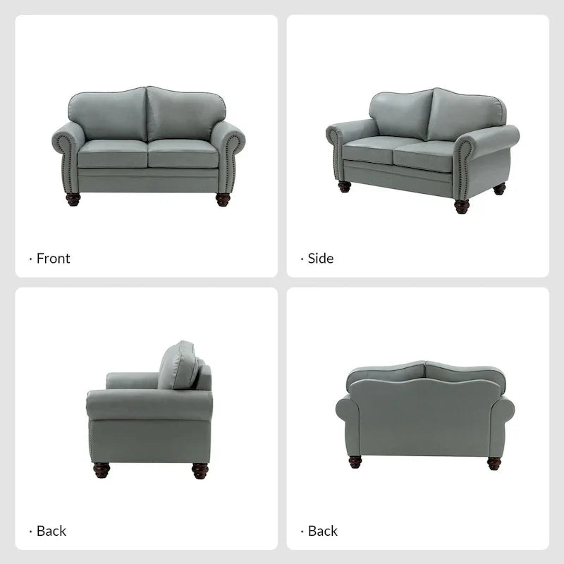 Leather Loveseat Sofa with Rolled Arms and Nailhead Trim
