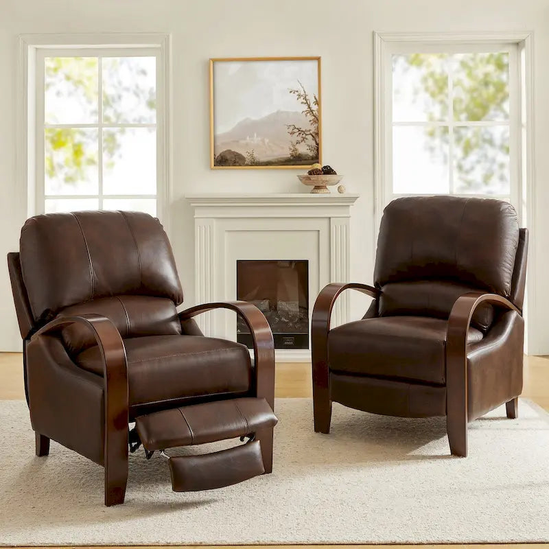 Set of 2 Alex Mid-Century Modern Genuine Leather Manual Recliners with Curved Wooden Arms