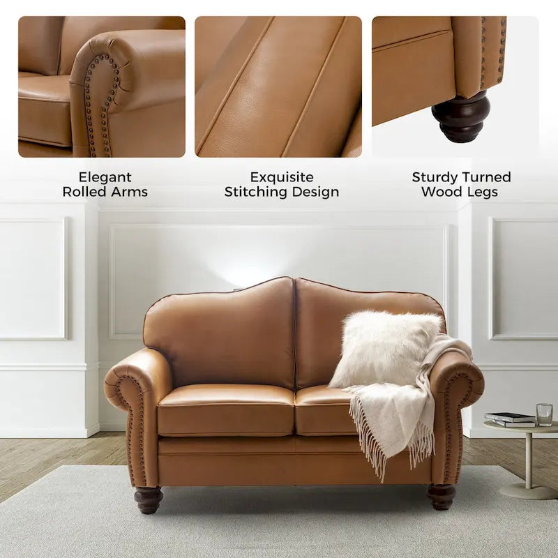 Leather Loveseat Sofa with Rolled Arms and Nailhead Trim
