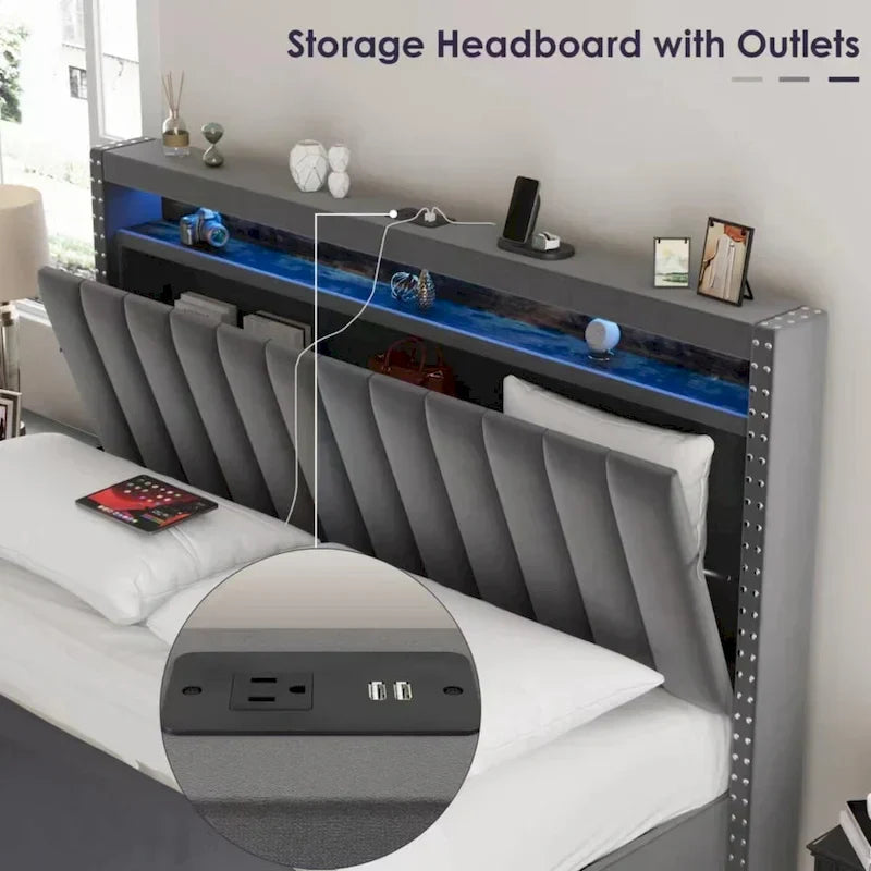 King Size Velvet Gas Lift Storage Bed with LED RF Lights and Storage Headboard