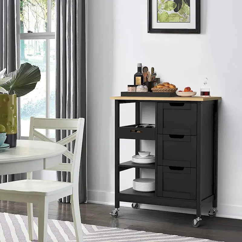 Kitchen Cart with Drawers Open Shelves and Wooden Top on Wheels