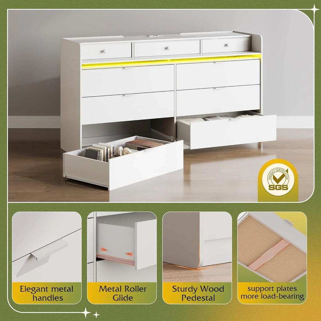 9 Drawer Led Dresser for Bedroom, 58.35'' Wide Wood Dresser Storage Organizer with Power Outlets for 65'' TV, Dressers with Open Shelves