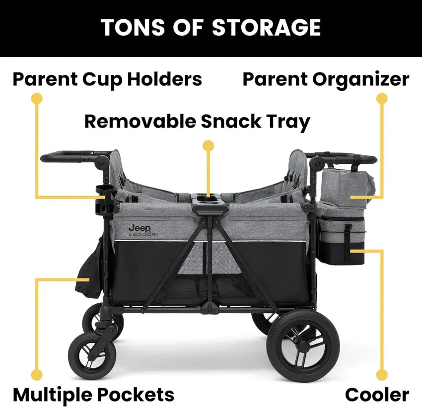 Jeep Wrangler Deluxe 4 Seater Stroller Wagon by Delta Children Premium Quad Stroller Wagon