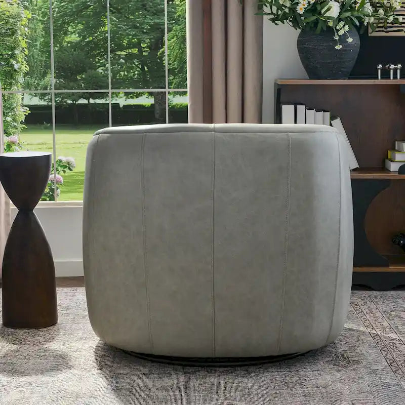 KINWELL Contemporary Genuine Leather Swivel Armchair with Cushion