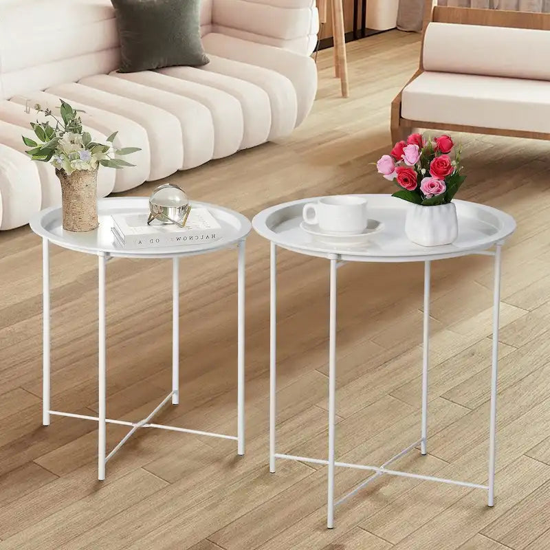 Javlergo Set of 2 Folding Round Steel TV Tray Tables - Compact Side Tables, No Assembly Needed - Dimensions: 18.5 x 18.5 x 19.7 in