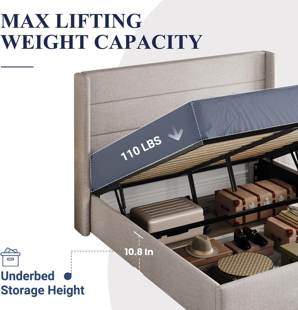 Allewie Queen Size Lift Up Storage Bed, Modern Wingback Headboard, Hydraulic Support, No Box Spring Needed, Light Beige