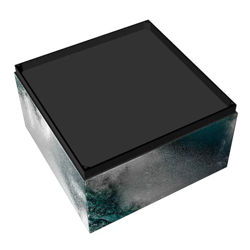 Sapphire Sea Beveled Art Glass Cocktail Table with Black Plinth Base - Reverse Printed Design