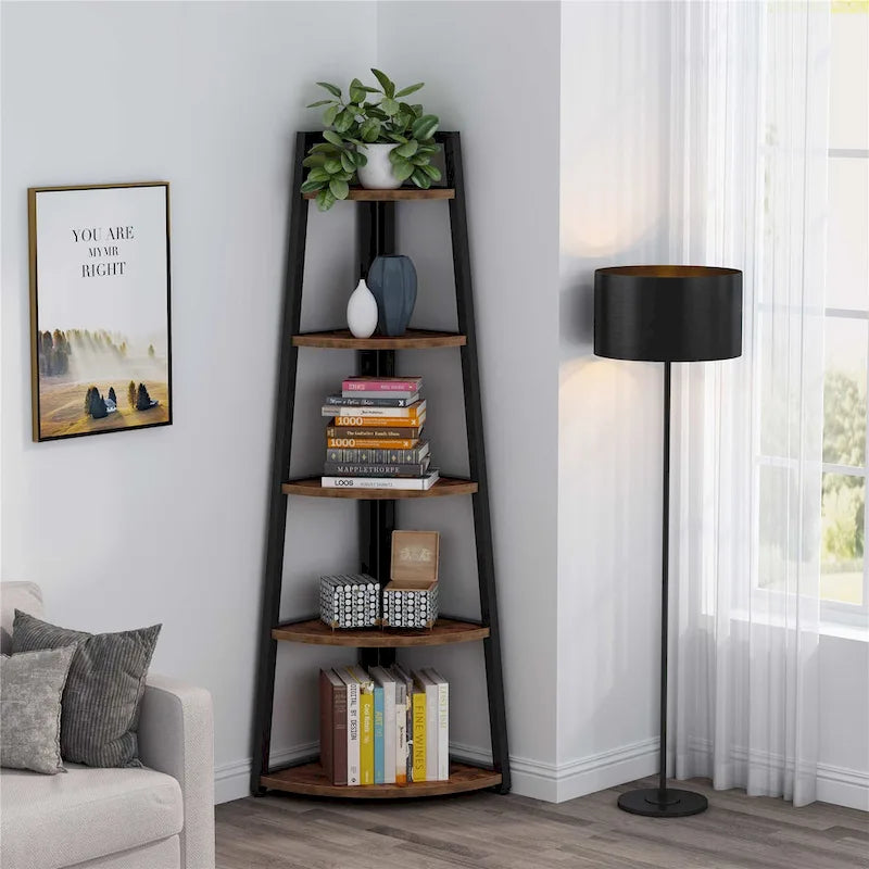Rustic Brown 5-Tier Corner Shelf Storage Tower for Bathroom