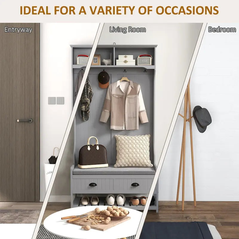 HOMCOM Gray Hall Tree Organizer with Coat Rack, 4 Hooks, 2 Drawers, and Padded Seat Cushions for Entryway