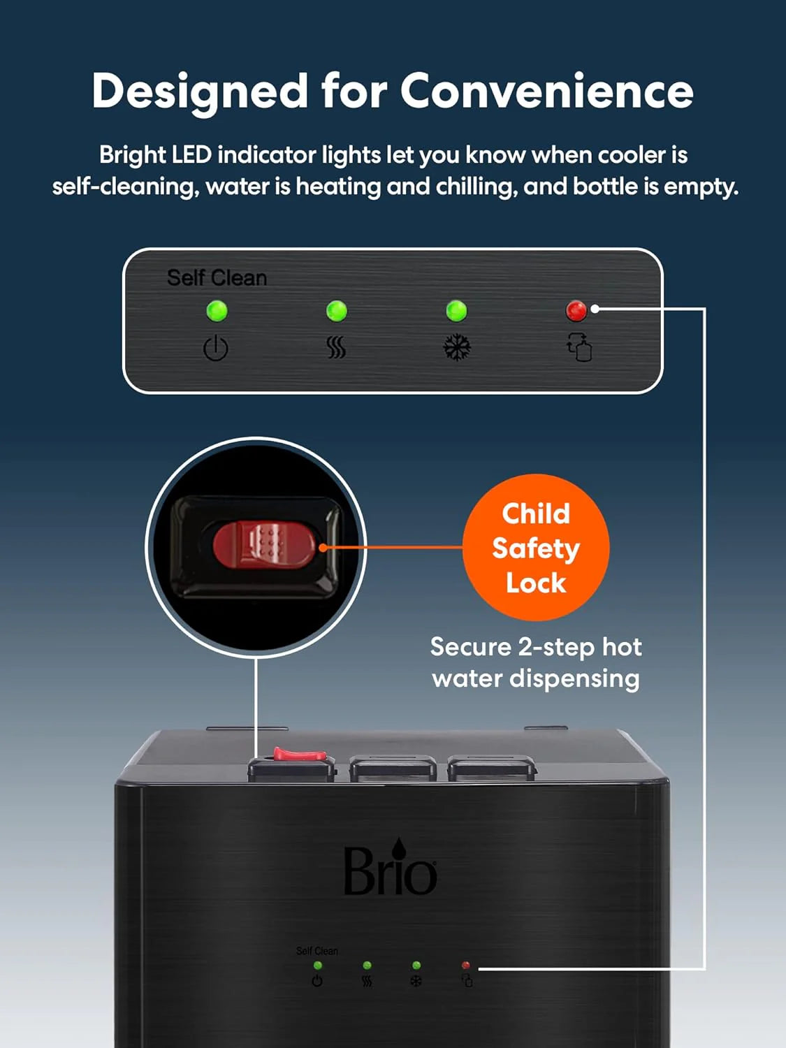 Self Cleaning Bottom Loading Water Cooler Water Dispenser  ?Black Stainless Steel - 3 Temperature Settings - Hot, Room & Cold Water