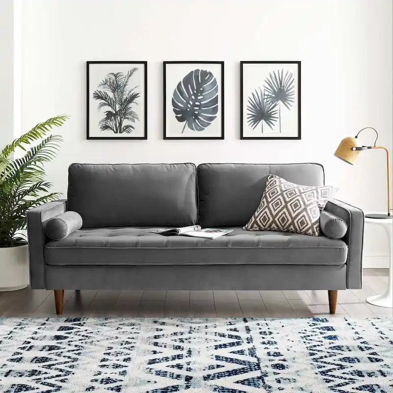 Mid Century Velvet Sofa with Tufted Back and Wooden Legs