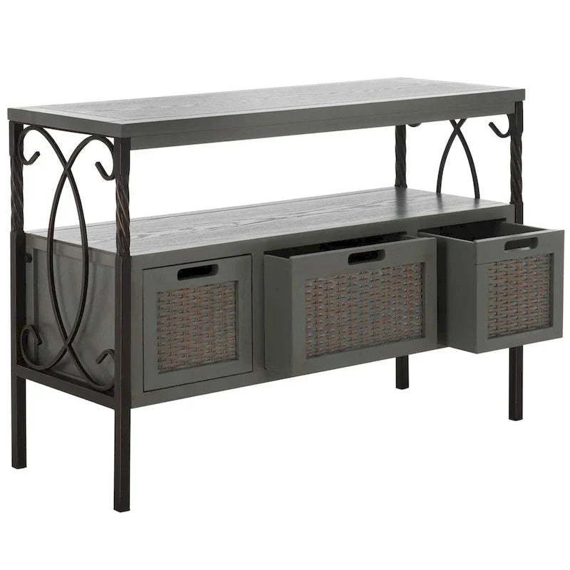 SAFAVIEH Tamuita Antique Pewter Console Table with Dark Walnut Finish - Dimensions: 36 x 13.8 x 24.8 inches