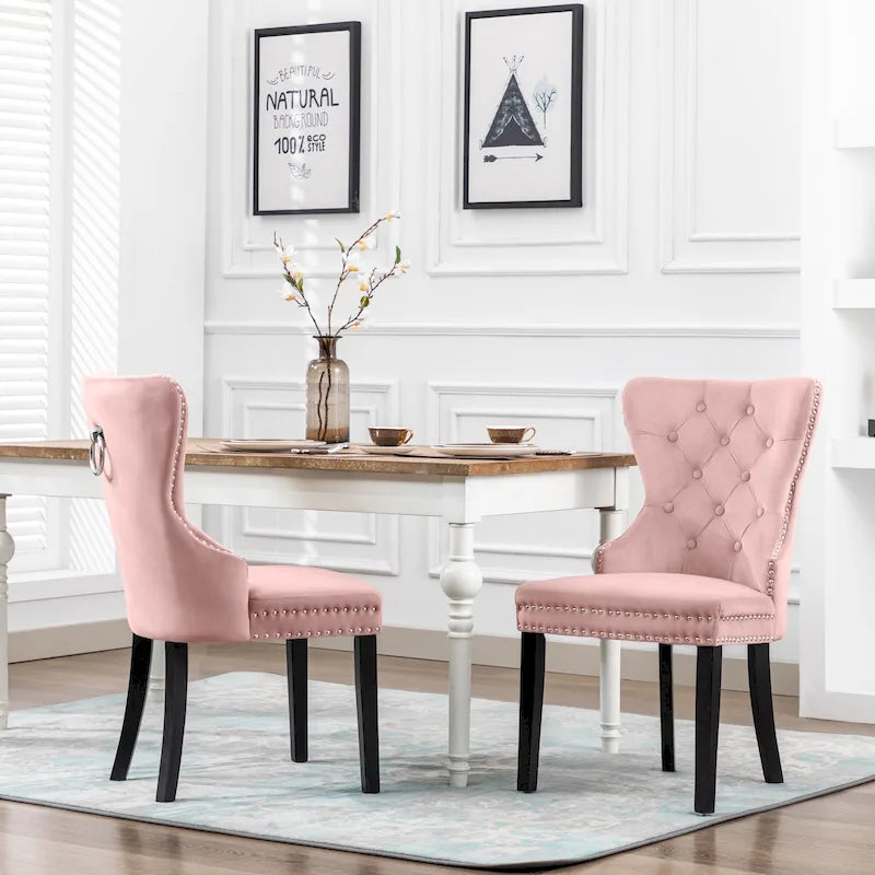 Set of 2 Grandview Tufted Upholstered Dining Chairs with Nailhead Trim and Ring Pull