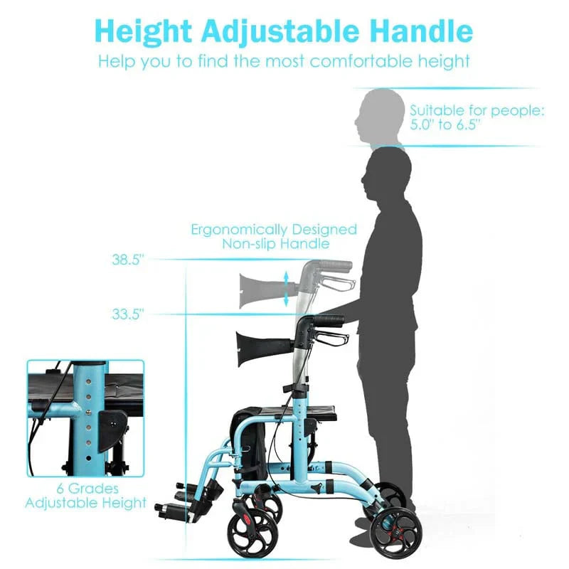 2 In 1 Rollator Walker Wheelchair Folding Medical Walker Aluminum Transport Chair Mobility Walking Aid - Comfortable And Ergonomic Design